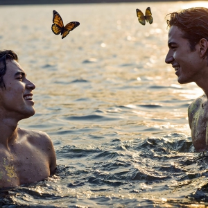 The Beautiful & Handsome Men Art Collection, A high-resolution photograph of two handsome best friends, half submerged in water, covered in body paint. Butterfly's flying about, as they spend time together, with a smile on their faces.