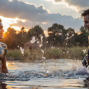 The Beautiful & Handsome Men Art Collection, A high-resolution photograph of two handsome best friends, half submerged in water, covered in body paint. Butterfly's flying about, as they spend time together, with a smile on their faces.