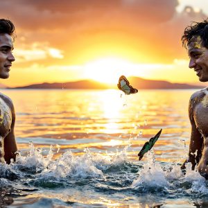 The Beautiful & Handsome Men Art Collection, A high-resolution photograph of two handsome best friends, half submerged in water, covered in body paint. Butterfly's flying about, as they spend time together, with a smile on their faces.