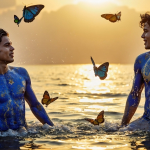 The Beautiful & Handsome Men Art Collection, A high-resolution photograph of two handsome best friends, half submerged in water, covered in body paint. Butterfly's flying about, as they spend time together, with a smile on their faces.