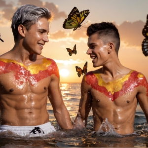 The Beautiful & Handsome Men Art Collection, A high-resolution photograph of two handsome best friends, half submerged in water, covered in body paint. Butterfly's flying about, as they spend time together, with a smile on their faces.