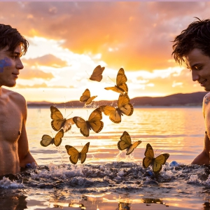 The Beautiful & Handsome Men Art Collection, A high-resolution photograph of two handsome best friends, half submerged in water, covered in body paint. Butterfly's flying about, as they spend time together, with a smile on their faces.