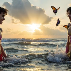 The Beautiful & Handsome Men Art Collection, A high-resolution photograph of two handsome best friends, half submerged in water, covered in body paint. Butterfly's flying about, as they spend time together, with a smile on their faces.