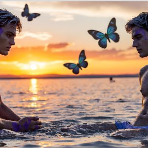 The Beautiful & Handsome Men Art Collection, A high-resolution photograph of two handsome best friends, half submerged in water, covered in body paint. Butterfly's flying about, as they spend time together, with a smile on their faces.