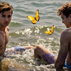 The Beautiful & Handsome Men Art Collection, A high-resolution photograph of two handsome best friends, half submerged in water, covered in body paint. Butterfly's flying about, as they spend time together, with a smile on their faces.