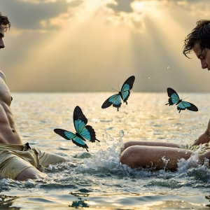 The Beautiful & Handsome Men Art Collection, A high-resolution photograph of two handsome best friends, half submerged in water, covered in body paint. Butterfly's flying about, as they spend time together, with a smile on their faces.