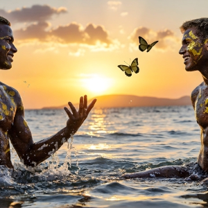 The Beautiful & Handsome Men Art Collection, A high-resolution photograph of two handsome best friends, half submerged in water, covered in body paint. Butterfly's flying about, as they spend time together, with a smile on their faces.