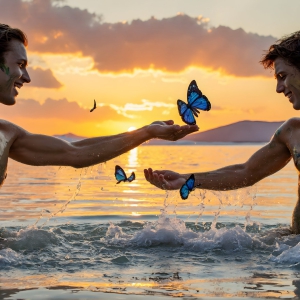 The Beautiful & Handsome Men Art Collection, A high-resolution photograph of two handsome best friends, half submerged in water, covered in body paint. Butterfly's flying about, as they spend time together, with a smile on their faces.