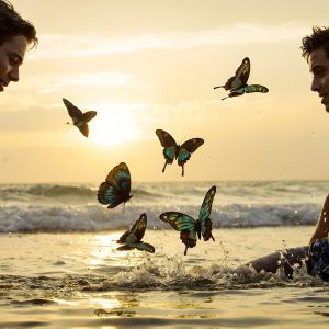 The Beautiful & Handsome Men Art Collection, A high-resolution photograph of two handsome best friends, half submerged in water, covered in body paint. Butterfly's flying about, as they spend time together, with a smile on their faces.