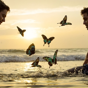 The Beautiful & Handsome Men Art Collection, A high-resolution photograph of two handsome best friends, half submerged in water, covered in body paint. Butterfly's flying about, as they spend time together, with a smile on their faces.