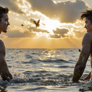 The Beautiful & Handsome Men Art Collection, A high-resolution photograph of two handsome best friends, half submerged in water, covered in body paint. Butterfly's flying about, as they spend time together, with a smile on their faces.