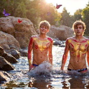 The Beautiful & Handsome Men Art Collection, A high-resolution photograph of two handsome best friends, half submerged in water, covered in body paint. Butterfly's flying about, as they spend time together, with a smile on their faces.