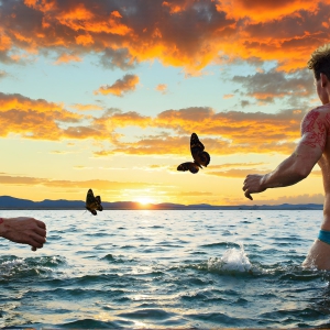 The Beautiful & Handsome Men Art Collection, A high-resolution photograph of two handsome best friends, half submerged in water, covered in body paint. Butterfly's flying about, as they spend time together, with a smile on their faces.