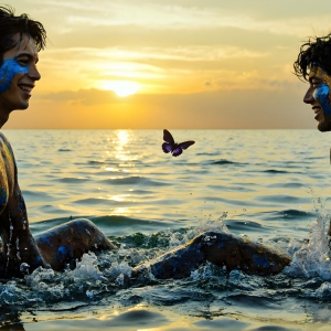 The Beautiful & Handsome Men Art Collection, A high-resolution photograph of two handsome best friends, half submerged in water, covered in body paint. Butterfly's flying about, as they spend time together, with a smile on their faces.
