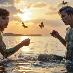 The Beautiful & Handsome Men Art Collection, A high-resolution photograph of two handsome best friends, half submerged in water, covered in body paint. Butterfly's flying about, as they spend time together, with a smile on their faces.