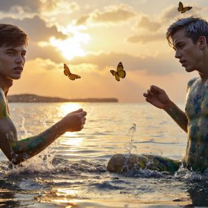 The Beautiful & Handsome Men Art Collection, A high-resolution photograph of two handsome best friends, half submerged in water, covered in body paint. Butterfly's flying about, as they spend time together, with a smile on their faces.