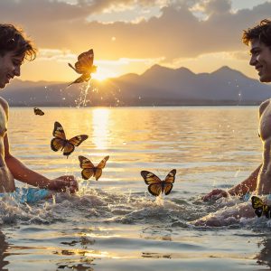 The Beautiful & Handsome Men Art Collection, A high-resolution photograph of two handsome best friends, half submerged in water, covered in body paint. Butterfly's flying about, as they spend time together, with a smile on their faces.