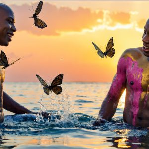 The Beautiful & Handsome Men Art Collection, A high-resolution photograph of two handsome best friends, half submerged in water, covered in body paint. Butterfly's flying about, as they spend time together, with a smile on their faces.