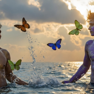 The Beautiful & Handsome Men Art Collection, A high-resolution photograph of two handsome best friends, half submerged in water, covered in body paint. Butterfly's flying about, as they spend time together, with a smile on their faces.