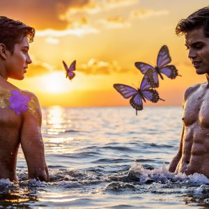 The Beautiful & Handsome Men Art Collection, A high-resolution photograph of two handsome best friends, half submerged in water, covered in body paint. Butterfly's flying about, as they spend time together, with a smile on their faces.