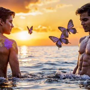 The Beautiful & Handsome Men Art Collection, A high-resolution photograph of two handsome best friends, half submerged in water, covered in body paint. Butterfly's flying about, as they spend time together, with a smile on their faces.
