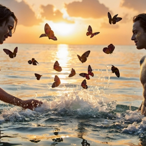 The Beautiful & Handsome Men Art Collection, A high-resolution photograph of two handsome best friends, half submerged in water, covered in body paint. Butterfly's flying about, as they spend time together, with a smile on their faces.