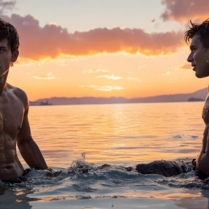 The Beautiful & Handsome Men Art Collection, A high-resolution photograph of two handsome best friends, half submerged in water, covered in body paint. Butterfly's flying about, as they spend time together, with a smile on their faces.