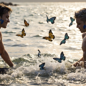 The Beautiful & Handsome Men Art Collection, A high-resolution photograph of two handsome best friends, half submerged in water, covered in body paint. Butterfly's flying about, as they spend time together, with a smile on their faces.