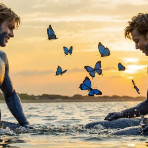 The Beautiful & Handsome Men Art Collection, A high-resolution photograph of two handsome best friends, half submerged in water, covered in body paint. Butterfly's flying about, as they spend time together, with a smile on their faces.
