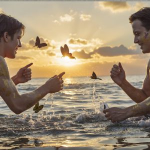The Beautiful & Handsome Men Art Collection, A high-resolution photograph of two handsome best friends, half submerged in water, covered in body paint. Butterfly's flying about, as they spend time together, with a smile on their faces.