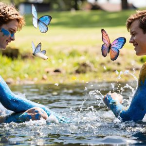 The Beautiful & Handsome Men Art Collection, A high-resolution photograph of two handsome best friends, half submerged in water, covered in body paint. Butterfly's flying about, as they spend time together, with a smile on their faces.