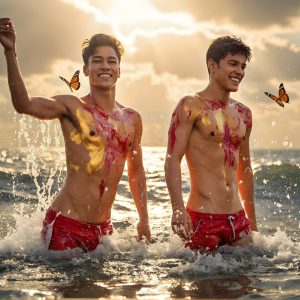 The Beautiful & Handsome Men Art Collection, A high-resolution photograph of two handsome best friends, half submerged in water, covered in body paint. Butterfly's flying about, as they spend time together, with a smile on their faces.