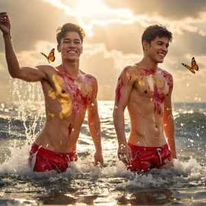 The Beautiful & Handsome Men Art Collection, A high-resolution photograph of two handsome best friends, half submerged in water, covered in body paint. Butterfly's flying about, as they spend time together, with a smile on their faces.