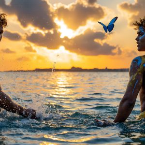 The Beautiful & Handsome Men Art Collection, A high-resolution photograph of two handsome best friends, half submerged in water, covered in body paint. Butterfly's flying about, as they spend time together, with a smile on their faces.