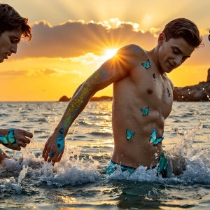 The Beautiful & Handsome Men Art Collection, A high-resolution photograph of two handsome best friends, half submerged in water, covered in body paint. Butterfly's flying about, as they spend time together, with a smile on their faces.