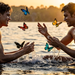 The Beautiful & Handsome Men Art Collection, A high-resolution photograph of two handsome best friends, half submerged in water, covered in body paint. Butterfly's flying about, as they spend time together, with a smile on their faces.