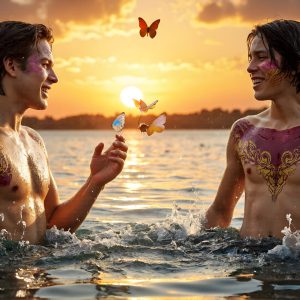 The Beautiful & Handsome Men Art Collection, A high-resolution photograph of two handsome best friends, half submerged in water, covered in body paint. Butterfly's flying about, as they spend time together, with a smile on their faces.