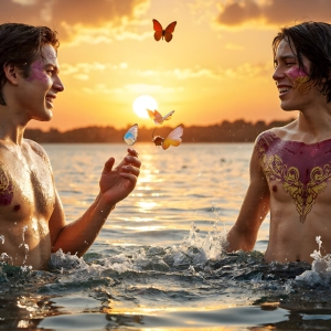The Beautiful & Handsome Men Art Collection, A high-resolution photograph of two handsome best friends, half submerged in water, covered in body paint. Butterfly's flying about, as they spend time together, with a smile on their faces.