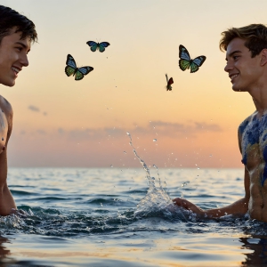 The Beautiful & Handsome Men Art Collection, A high-resolution photograph of two handsome best friends, half submerged in water, covered in body paint. Butterfly's flying about, as they spend time together, with a smile on their faces.