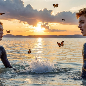 The Beautiful & Handsome Men Art Collection, A high-resolution photograph of two handsome best friends, half submerged in water, covered in body paint. Butterfly's flying about, as they spend time together, with a smile on their faces.