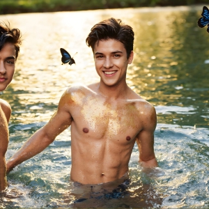 The Beautiful & Handsome Men Art Collection, A high-resolution photograph of two handsome best friends, half submerged in water, covered in body paint. Butterfly's flying about, as they spend time together, with a smile on their faces.