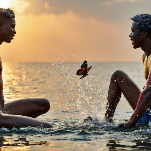The Beautiful & Handsome Men Art Collection, A high-resolution photograph of two handsome best friends, half submerged in water, covered in body paint. Butterfly's flying about, as they spend time together, with a smile on their faces.