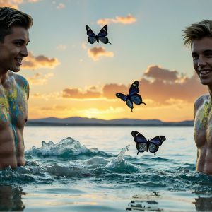 The Beautiful & Handsome Men Art Collection, A high-resolution photograph of two handsome best friends, half submerged in water, covered in body paint. Butterfly's flying about, as they spend time together, with a smile on their faces.