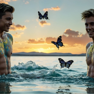 The Beautiful & Handsome Men Art Collection, A high-resolution photograph of two handsome best friends, half submerged in water, covered in body paint. Butterfly's flying about, as they spend time together, with a smile on their faces.