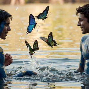 The Beautiful & Handsome Men Art Collection, A high-resolution photograph of two handsome best friends, half submerged in water, covered in body paint. Butterfly's flying about, as they spend time together, with a smile on their faces.