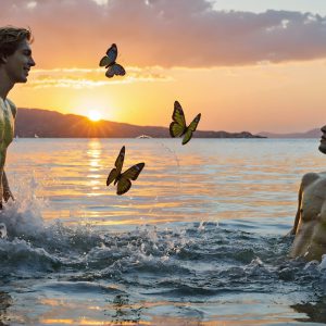 The Beautiful & Handsome Men Art Collection, A high-resolution photograph of two handsome best friends, half submerged in water, covered in body paint. Butterfly's flying about, as they spend time together, with a smile on their faces.