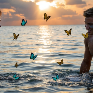 The Beautiful & Handsome Men Art Collection, A high-resolution photograph of two handsome best friends, half submerged in water, covered in body paint. Butterfly's flying about, as they spend time together, with a smile on their faces.