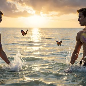 The Beautiful & Handsome Men Art Collection, A high-resolution photograph of two handsome best friends, half submerged in water, covered in body paint. Butterfly's flying about, as they spend time together, with a smile on their faces.