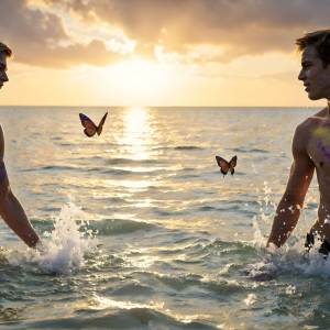 The Beautiful & Handsome Men Art Collection, A high-resolution photograph of two handsome best friends, half submerged in water, covered in body paint. Butterfly's flying about, as they spend time together, with a smile on their faces.