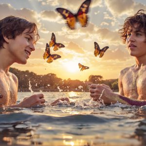 The Beautiful & Handsome Men Art Collection, A high-resolution photograph of two handsome best friends, half submerged in water, covered in body paint. Butterfly's flying about, as they spend time together, with a smile on their faces.